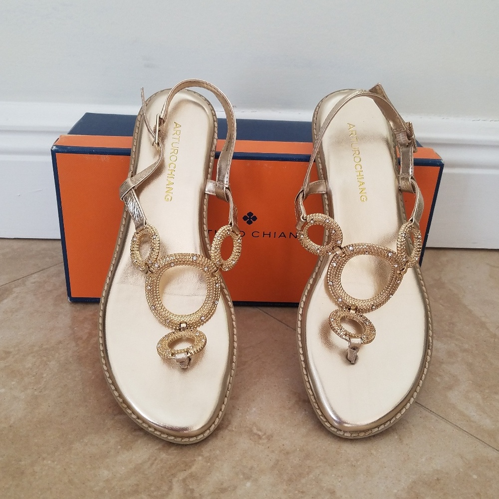 Arturo Chiang Flat Sandals Gold Metallic